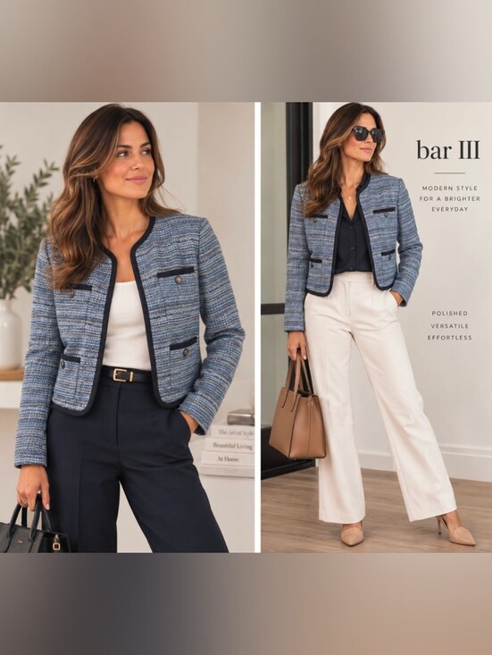 Bar III Jackets & Blazers - Bar III Classic Blue Tweed Collarless Jacket W/ Deep Navy Trim Sz Large